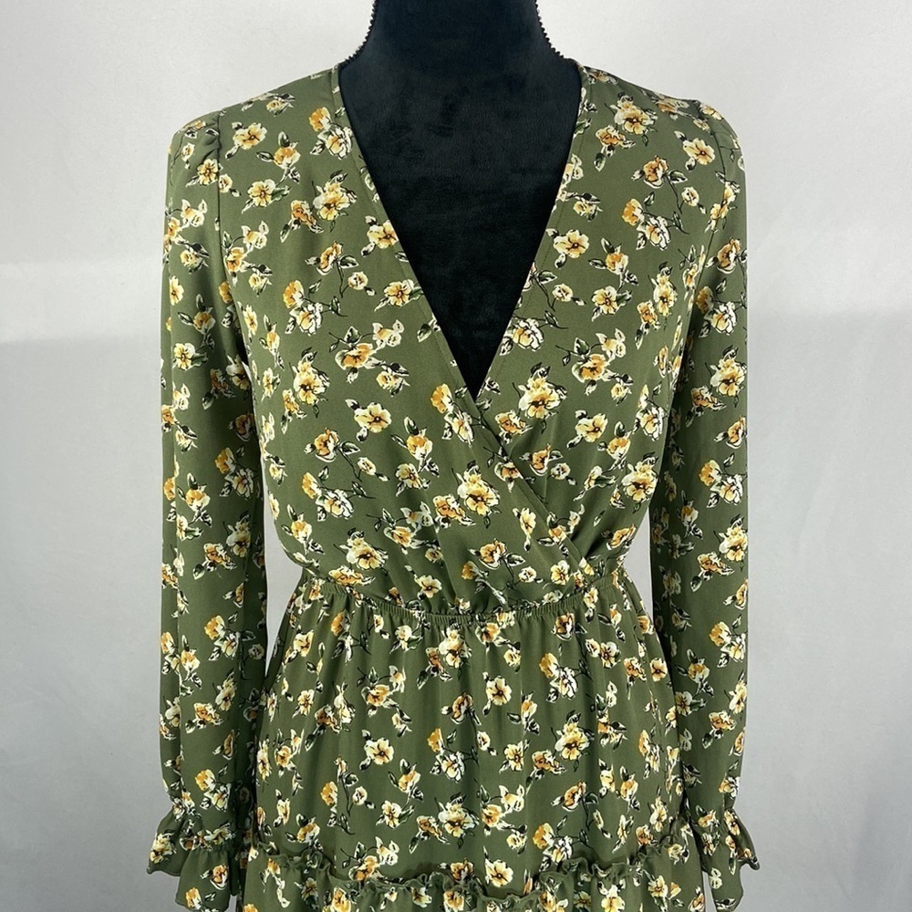 Inspired Hearts Long Sleeve Green Floral with Ruffles and Wrap Front - Picture 3 of 9